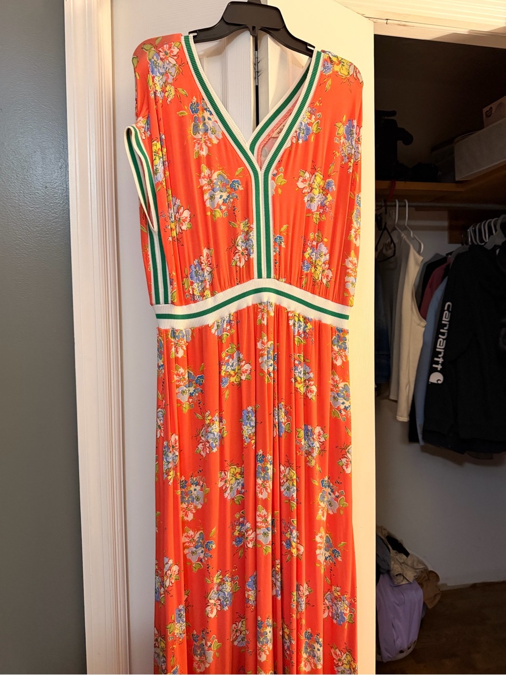 Matilda Jane Coral Floral Maxi Dress with Green-Trim V-Neck